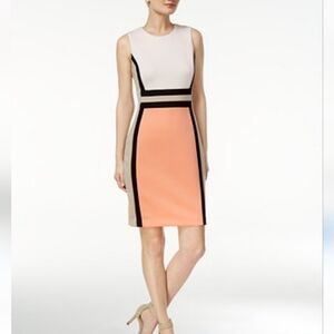 Calvin Klein Colorblock Sleeveless Scuba Sheath Dress sz 4 peach black tan